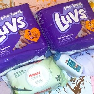 2 PK LUVS DIAPERS SIZE 3 NEW W/ HUGGIES BABY WIPES & CVS BRAND 4 OZ BABY POWDER
